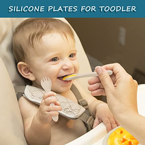 Suction Plates for Babies & Toddlers (Set of 2) | Fork, Spoon with Cover Cap Lid | 100% Silicone | Plates Stay Put with Suction Feature | Divided Design | Microwave & Dishwasher Safe (Blue& Off White) by Auzeuner