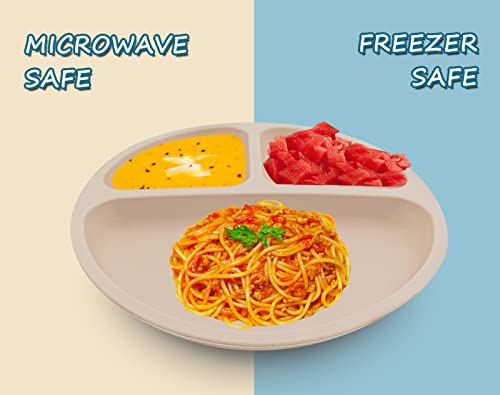 Suction Plates for Babies & Toddlers (Set of 2) | Fork, Spoon with Cover Cap Lid | 100% Silicone | Plates Stay Put with Suction Feature | Divided Design | Microwave & Dishwasher Safe (Blue& Off White) by Auzeuner