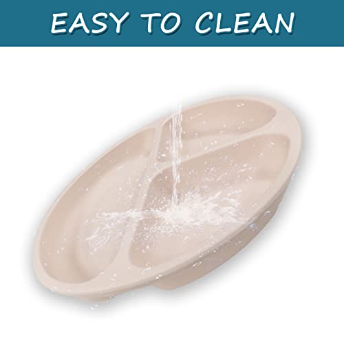 Suction Plates for Babies & Toddlers (Set of 2) | Fork, Spoon with Cover Cap Lid | 100% Silicone | Plates Stay Put with Suction Feature | Divided Design | Microwave & Dishwasher Safe (Blue& Off White) by Auzeuner