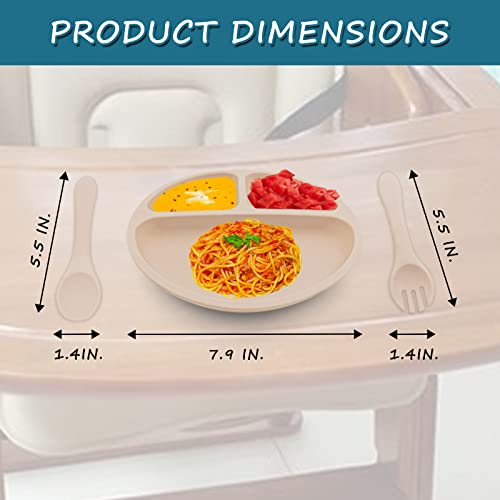 Suction Plates for Babies & Toddlers (Set of 2) | Fork, Spoon with Cover Cap Lid | 100% Silicone | Plates Stay Put with Suction Feature | Divided Design | Microwave & Dishwasher Safe (Blue& Off White) by Auzeuner