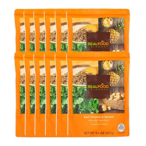 Real Food Blends Beef, Potatoes & Spinach Pureed Blended Meal for Feeding Tubes, 9.4 oz Pouch (Pack of 12 Pouches) from Real Food Blends