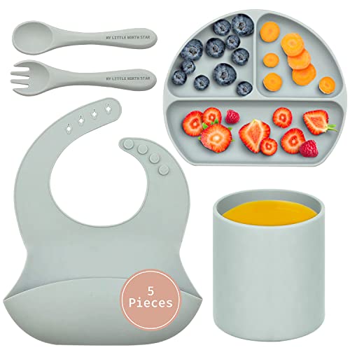 5 Piece Baby Feeding Set - Silicone Baby Bib, Suction Divided Plate, Dinnerware Cup, Soft Baby Spoon & Fork, Food Grade Silicone, Baby Gift Set, Baby Items, Toddler Utensils, Waterproof, Unisex from 