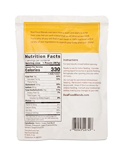 Real Food Blends Beef, Potatoes & Spinach Pureed Blended Meal for Feeding Tubes, 9.4 oz Pouch (Pack of 12 Pouches) from Real Food Blends