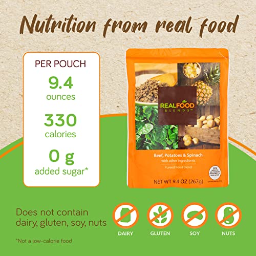 Real Food Blends Beef, Potatoes & Spinach Pureed Blended Meal for Feeding Tubes, 9.4 oz Pouch (Pack of 12 Pouches) from Real Food Blends