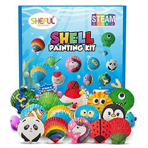Shell Painting Kit-Arts and Crafts for Girls & Boys Ages 4-12,Craft Kits Art Set with 10 Sea Shells & More Art Supplies,Birthday Gifts Painting Toys for 4 5 6 7 8 9 10 Year Old Kids Activities from sheful