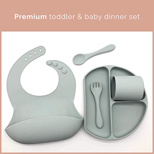 5 Piece Baby Feeding Set - Silicone Baby Bib, Suction Divided Plate, Dinnerware Cup, Soft Baby Spoon & Fork, Food Grade Silicone, Baby Gift Set, Baby Items, Toddler Utensils, Waterproof, Unisex from 