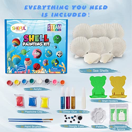 Shell Painting Kit-Arts and Crafts for Girls & Boys Ages 4-12,Craft Kits Art Set with 10 Sea Shells & More Art Supplies,Birthday Gifts Painting Toys for 4 5 6 7 8 9 10 Year Old Kids Activities from sheful