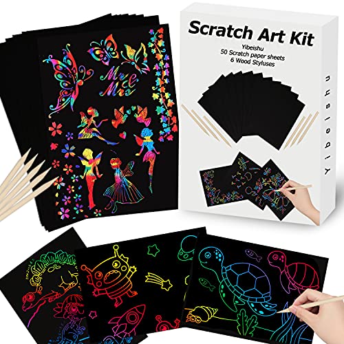 Scratch Paper Art Set for Kids Rainbow Magic Scratch Off Paper Black Scratch Sheets Notes Cards Boards Doodle Pads Childrens Arts and Crafts Projects Kit for Girls Boys Adults Birthday Christmas Gift by Yibeishu