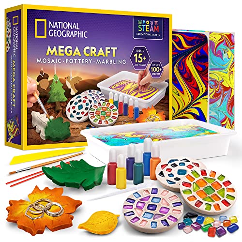 NATIONAL GEOGRAPHIC Mega Arts and Crafts Kit for Kids - Kids Mosaic, Paint Marbling & Air Dry Pottery Craft Kit - Create Glass Tile Mosaics, Paint Marbling Art & Air Dry Clay Projects, Kids Crafts by JMW Sales, Inc.