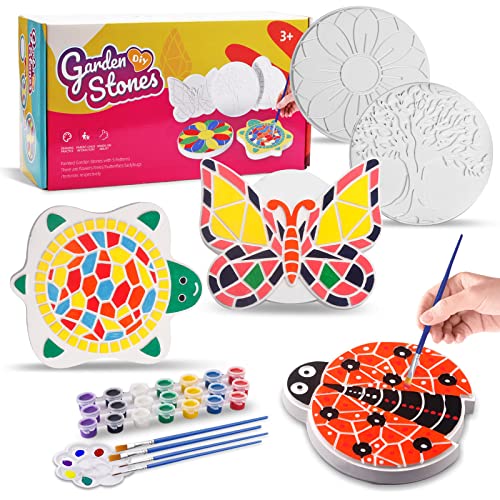 Paint Your Own Stepping Stones, 5-Pack DIY Ceramic Painting Kit for Kids, Outdoor Garden Art & Craft Painting Set for Boys & Girls Ages 3-12, Butterfly, Turtle, Flower, Tree & Ladybug Stepping Stone by Shen Zhen Shi Hong Jing Zhi Chuang Ke Ji Ltd
