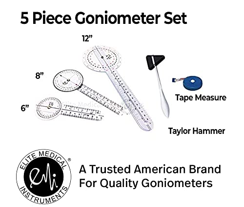 EMI EGM-650 5 Piece Physical Therapy Set - Goniometer 12 inch, 8 inch, 6 inch, Taylor Hammer, & Tape Measure by Elite Medical Instruments