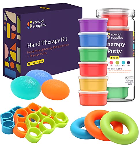 Special Supplies Physical Therapy Putty Kit, Finger Exercisers, and Hand Strengtheners, 15 Pc. Set, Improve Grip Strength, Dexterity and Mobility, Supports Injury and Recovery Stress Relief from Special Supplies