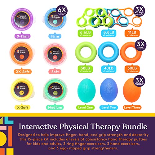 Special Supplies Physical Therapy Putty Kit, Finger Exercisers, and Hand Strengtheners, 15 Pc. Set, Improve Grip Strength, Dexterity and Mobility, Supports Injury and Recovery Stress Relief from Special Supplies