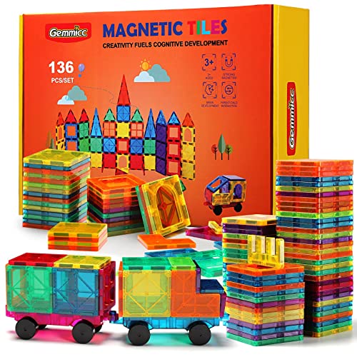 Gemmicc Magnetic Tiles, Deluxe 136 PCS Building Blocks Magnet Toys for Kids,3D Magnet Puzzles Stacking Blocks for Boys Girls,Huge Set with 2 Cars by Gemmicc