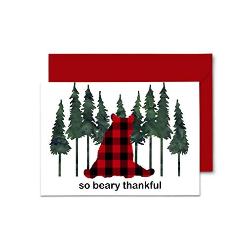 Lumberjack Thank You Cards with Envelopes (25 Pack) Bear Notecards Folded â Boys Notes Set for Baby Shower Graduation Birthday Baptism â Red and Black Plaid Stationery 4bar â Paper Clever Party by Paper Clever Party