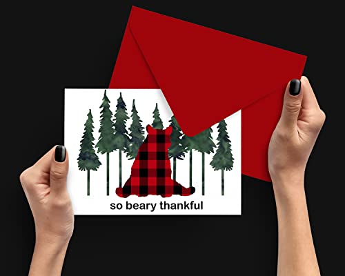Lumberjack Thank You Cards with Envelopes (25 Pack) Bear Notecards Folded â Boys Notes Set for Baby Shower Graduation Birthday Baptism â Red and Black Plaid Stationery 4bar â Paper Clever Party by Paper Clever Party