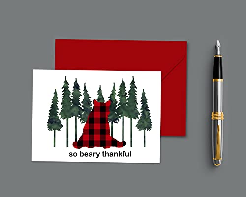 Lumberjack Thank You Cards with Envelopes (25 Pack) Bear Notecards Folded â Boys Notes Set for Baby Shower Graduation Birthday Baptism â Red and Black Plaid Stationery 4bar â Paper Clever Party by Paper Clever Party