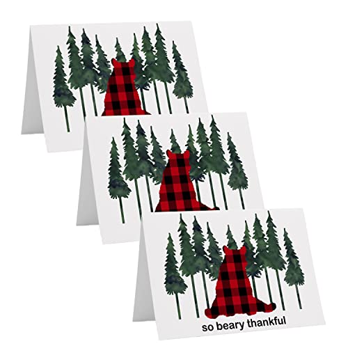 Lumberjack Thank You Cards with Envelopes (25 Pack) Bear Notecards Folded â Boys Notes Set for Baby Shower Graduation Birthday Baptism â Red and Black Plaid Stationery 4bar â Paper Clever Party by Paper Clever Party