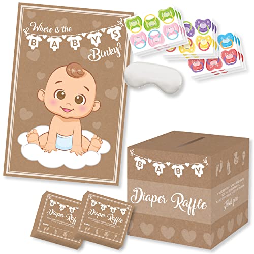 Party Hearty 2 Baby Shower Games, Pin The Pacifier on The Baby Game and 50 Pcs Diaper Raffle Tickets with Box, Bring a Pack of Diapers to Win, Pin The Binky on The Baby, Kraft/Brown by Party Hearty