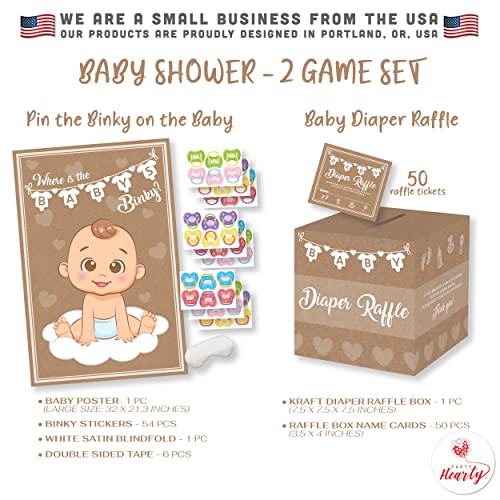 Party Hearty 2 Baby Shower Games, Pin The Pacifier on The Baby Game and 50 Pcs Diaper Raffle Tickets with Box, Bring a Pack of Diapers to Win, Pin The Binky on The Baby, Kraft/Brown by Party Hearty