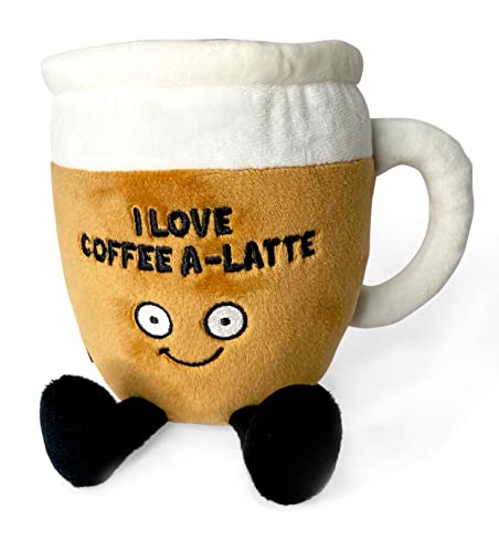 Punchkins - "I Love Coffee A-Latte Coffee Mug Plushie - Funny Pun White Elephant Novelty Adult Gag Gift by Punchkins