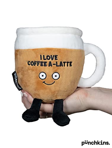 Punchkins - "I Love Coffee A-Latte Coffee Mug Plushie - Funny Pun White Elephant Novelty Adult Gag Gift by Punchkins