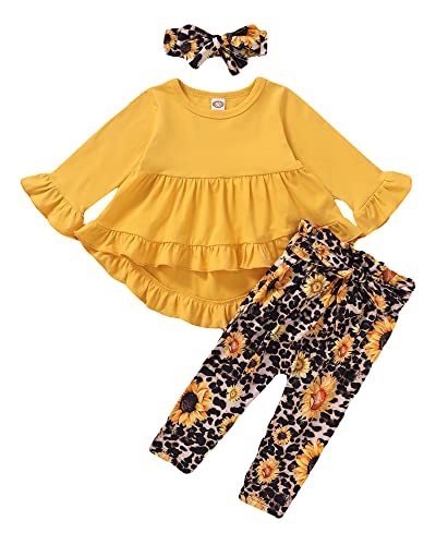 2T-3T Girls Clothes Toddler Girl Outfit Yellow Ruffle Irregular Hem Tops Floral Leopard Pants Set for 2-3 Years Old Girl from Kucnuzki