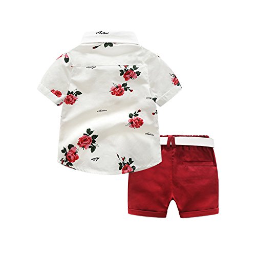 Toddler Little Boy Kids Summer Floral Shirt Bermuda Shorts Outfit Set Clothes (White/Red, 4T) by 