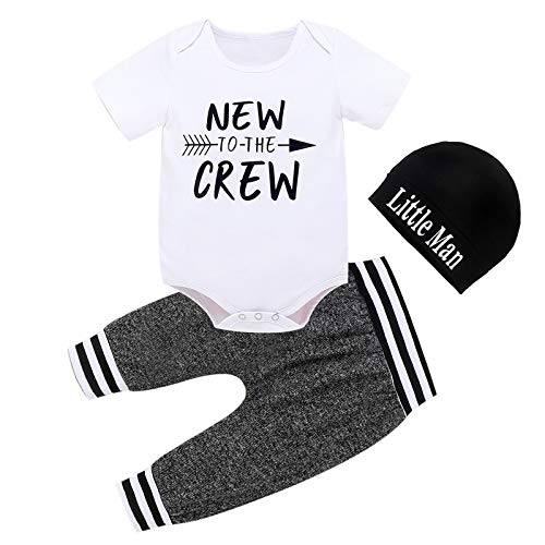 Baby Boy Clothes Summer Newborn 3Pcs Infant Romper Short Sleeve + Pants + Hat Outfits Set New to The Crew Letter Printed White 0-3 Months 70cm from CETEPY