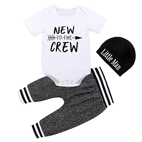 Baby Boy Clothes Summer Newborn 3Pcs Infant Romper Short Sleeve + Pants + Hat Outfits Set New to The Crew Letter Printed White 0-3 Months 70cm from CETEPY
