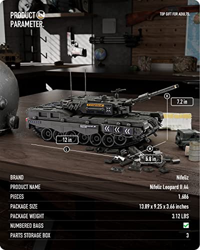 Nifeliz Leopard II A4 Main Battle Tank Building Block, Military Tank Building Toy Set to Display, Collectible WW2 Army Tank Model for Adults (1,686 Pieces) from Nifeliz