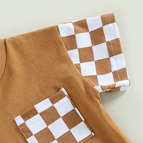 Sejardin Toddler Baby Boy Summer Outfits Patchwork Plaid Short Sleeve T Shirt Tops Drawstring Shorts Infant Boy Clothes (Brown Plaid, 18-24 Months) by Sejardin