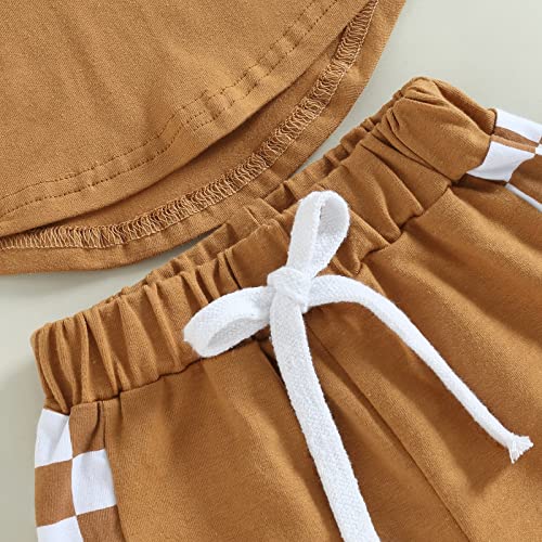 Sejardin Toddler Baby Boy Summer Outfits Patchwork Plaid Short Sleeve T Shirt Tops Drawstring Shorts Infant Boy Clothes (Brown Plaid, 18-24 Months) by Sejardin