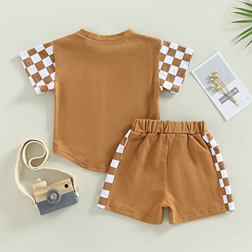 Sejardin Toddler Baby Boy Summer Outfits Patchwork Plaid Short Sleeve T Shirt Tops Drawstring Shorts Infant Boy Clothes (Brown Plaid, 18-24 Months) by Sejardin