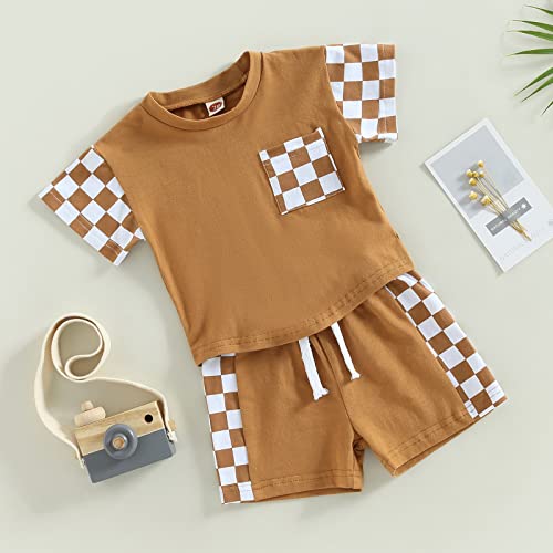 Sejardin Toddler Baby Boy Summer Outfits Patchwork Plaid Short Sleeve T Shirt Tops Drawstring Shorts Infant Boy Clothes (Brown Plaid, 18-24 Months) by Sejardin
