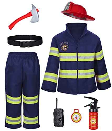 Kid's Fireman Firefighter Costume Toys with Complete Accessories for Boys and Girls Birthday Halloween Party Dress Up Navy Blue 10-11 Years (150cm) by Bosvin