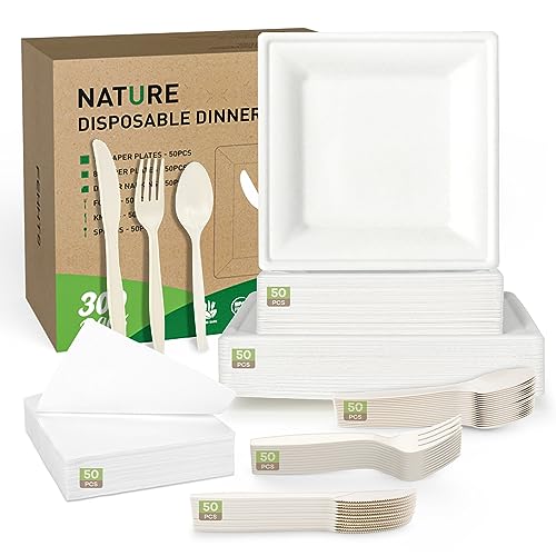 FEHHTO Compostable Paper Plates Set, 300PCS Disposable Heavy-Duty Plate and Utensils, Eco Friendly Biodegradable Dinnerware Kit Includes Plates, Forks, Knives, Spoons and Napkins for Party 50 People from FEHHTO