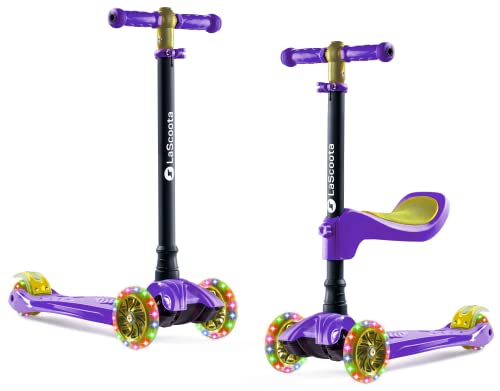 LaScoota 2-in-1 Kids Kick Scooter, Adjustable Height Handlebars and Removable Seat, 3 LED Lighted Wheels and Anti-Slip Deck, for Boys & Girls Aged 3-12 and up to 100 Lbs. from LaScoota