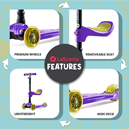 LaScoota 2-in-1 Kids Kick Scooter, Adjustable Height Handlebars and Removable Seat, 3 LED Lighted Wheels and Anti-Slip Deck, for Boys & Girls Aged 3-12 and up to 100 Lbs. from LaScoota