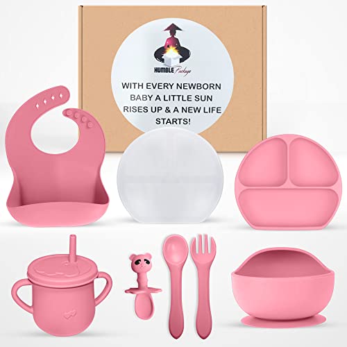 Baby Led Weaning Self Feeding Set Supplies | Strong Suction Bowl, Silicone Divided Plate, Spoons, Fork, Bib & Leak Proof Cup | Food Grade Utensils | BPA Free | New Born, Toddler, Infant Food Kit from Humblepackage