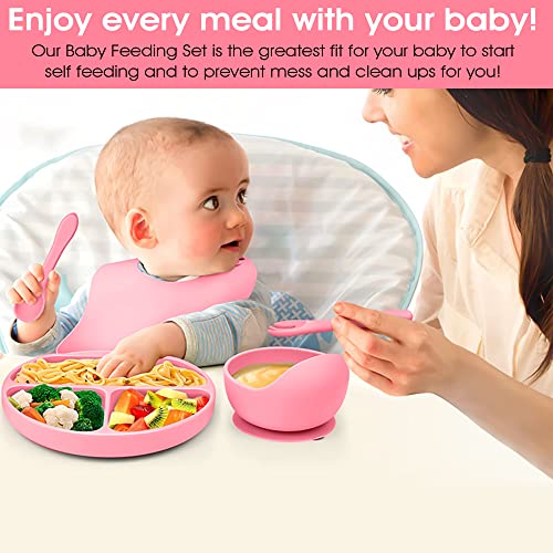 Baby Led Weaning Self Feeding Set Supplies | Strong Suction Bowl, Silicone Divided Plate, Spoons, Fork, Bib & Leak Proof Cup | Food Grade Utensils | BPA Free | New Born, Toddler, Infant Food Kit from Humblepackage