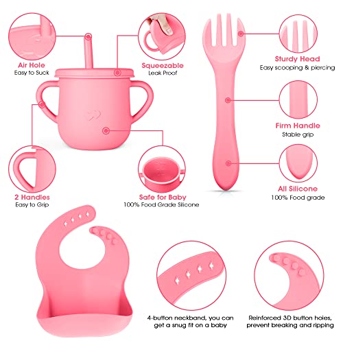 Baby Led Weaning Self Feeding Set Supplies | Strong Suction Bowl, Silicone Divided Plate, Spoons, Fork, Bib & Leak Proof Cup | Food Grade Utensils | BPA Free | New Born, Toddler, Infant Food Kit from Humblepackage