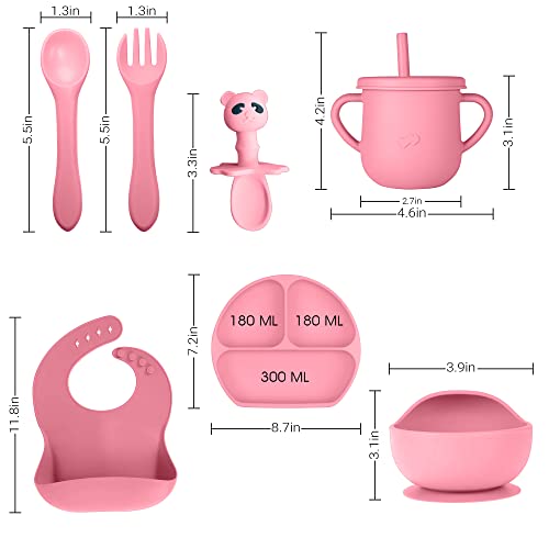 Baby Led Weaning Self Feeding Set Supplies | Strong Suction Bowl, Silicone Divided Plate, Spoons, Fork, Bib & Leak Proof Cup | Food Grade Utensils | BPA Free | New Born, Toddler, Infant Food Kit from Humblepackage