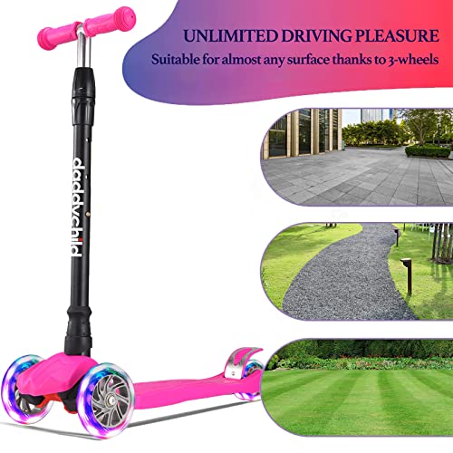 Kids Kick Scooter, 3 Wheeled Scooter for Kids, Child/Toddlers Toy, Adjustable Height, Anti-Slip Deck, Flashing Wheel Lights, for Boys/Girls 3-12 Year Old (Pink) from DADDYCHILD
