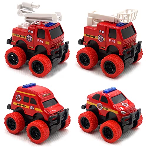 Pull Back Die-cast Alloy Fire Truck Vehicles Play Set,Monster Truck Model Cars,Friction Powered Toy Cars,4 Pack,Toys for 3 4 5 + Years Old Kids,Christmas/Birthday Gifts for Boys & Girls,Party Favors from SEESWELL