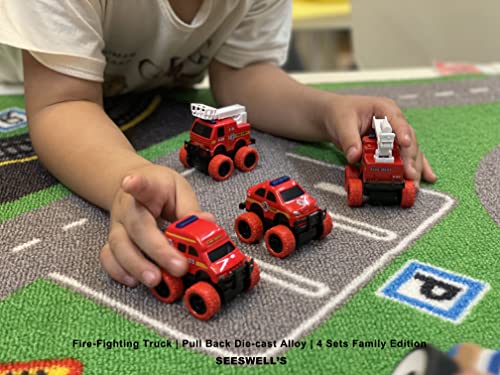 Pull Back Die-cast Alloy Fire Truck Vehicles Play Set,Monster Truck Model Cars,Friction Powered Toy Cars,4 Pack,Toys for 3 4 5 + Years Old Kids,Christmas/Birthday Gifts for Boys & Girls,Party Favors from SEESWELL