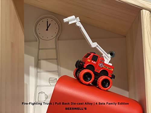 Pull Back Die-cast Alloy Fire Truck Vehicles Play Set,Monster Truck Model Cars,Friction Powered Toy Cars,4 Pack,Toys for 3 4 5 + Years Old Kids,Christmas/Birthday Gifts for Boys & Girls,Party Favors from SEESWELL