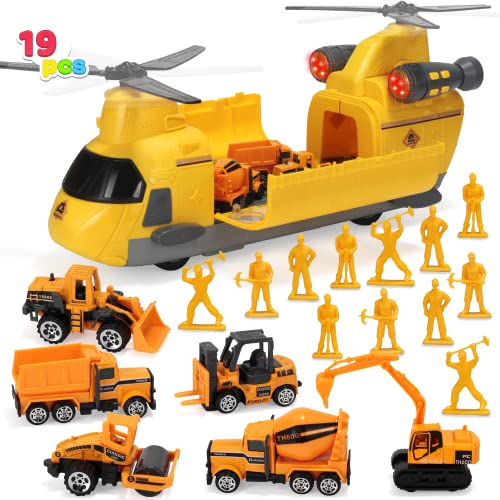 JOYIN Construction Transport Cargo Toy Airplane Car Play Set Including 1 Transport Helicopter with Real Lights, 6 Diecast Vehicles, 12 Action Figures, Birthday Gift for Boys and Girls (Yellow) from Joyin. Inc
