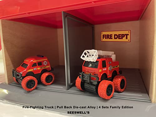 Pull Back Die-cast Alloy Fire Truck Vehicles Play Set,Monster Truck Model Cars,Friction Powered Toy Cars,4 Pack,Toys for 3 4 5 + Years Old Kids,Christmas/Birthday Gifts for Boys & Girls,Party Favors from SEESWELL
