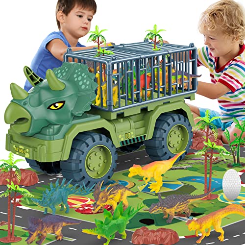 Dinosaur Transport Truck Playset, Large Size Triceratops Vehicle Carrier Car Toys for 3 4 5 6 7 8 9 10 Years Old Boys Girls Kids Gifts, Monster Truck with 12 Dino Figures & Play Mat from Niwoed